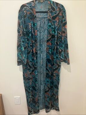 L&B Teal Paisley Burnout Velvet Longline Duster Cardigan